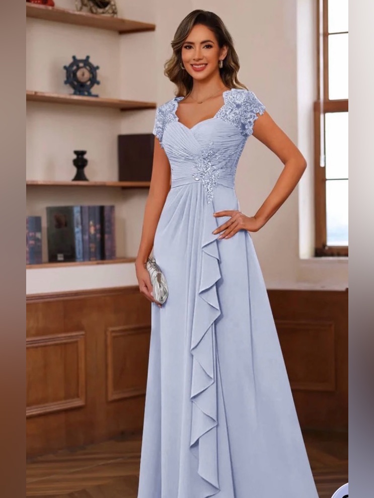 Lace-Shoulder Light Blue Maxi Dress With Ruffled Front